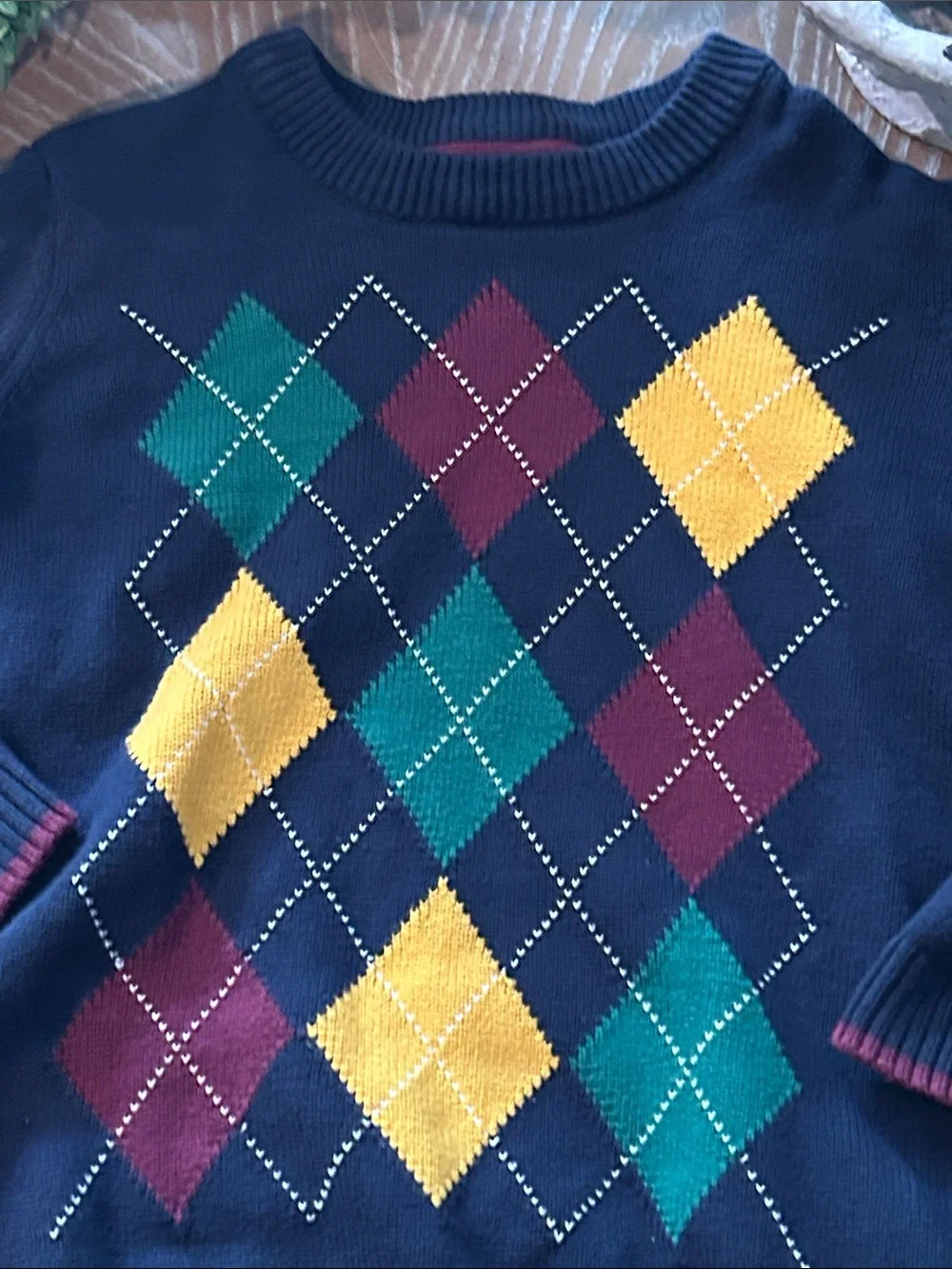 Boys Gymboree Navy Argyle Knit Crewneck Sweater Yellow Green Burgundy Diamonds